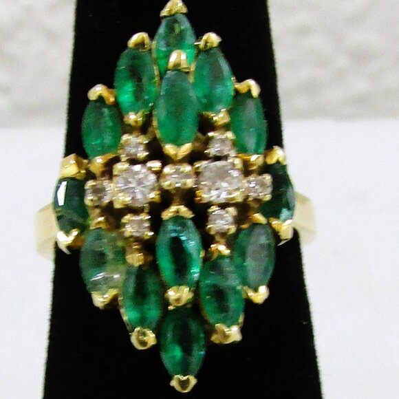 Le Vian Vintage 18k Yellow Gold 9 Diamonds and 14 Emeralds Cocktail Ring - Picture 1 of 15